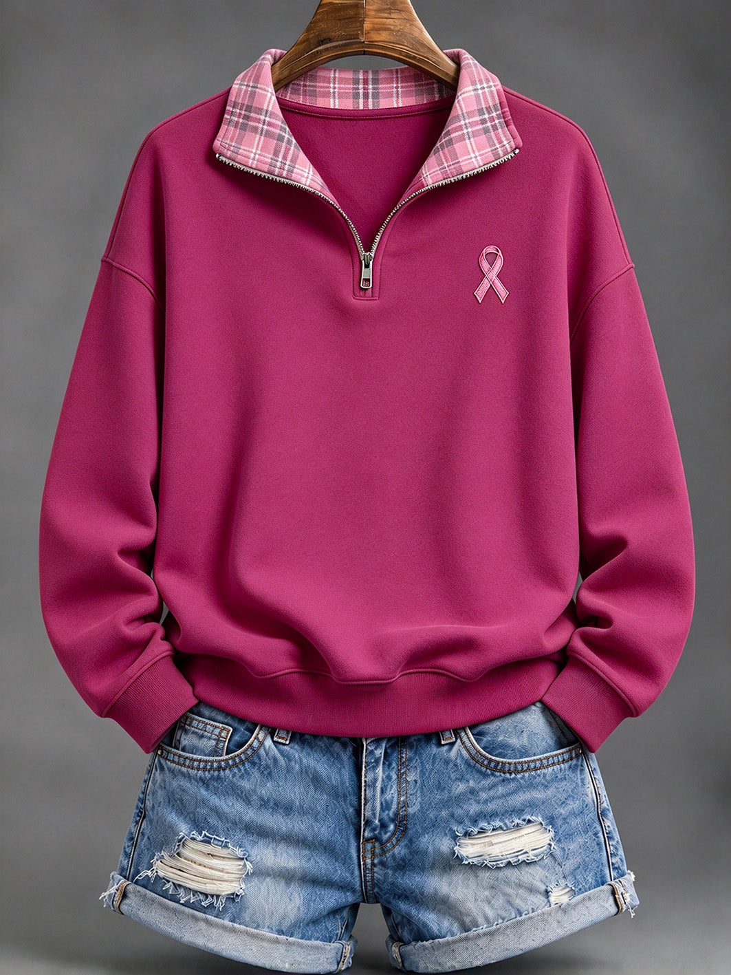 Women's Pink Checkered and Pink Charity Ribbon Pattern Casual Half-Zip Sweatshirt