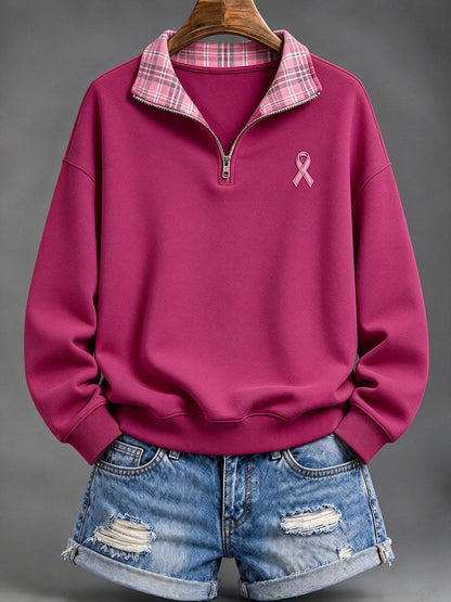 Women's Pink Checkered and Pink Charity Ribbon Pattern Casual Half-Zip Sweatshirt