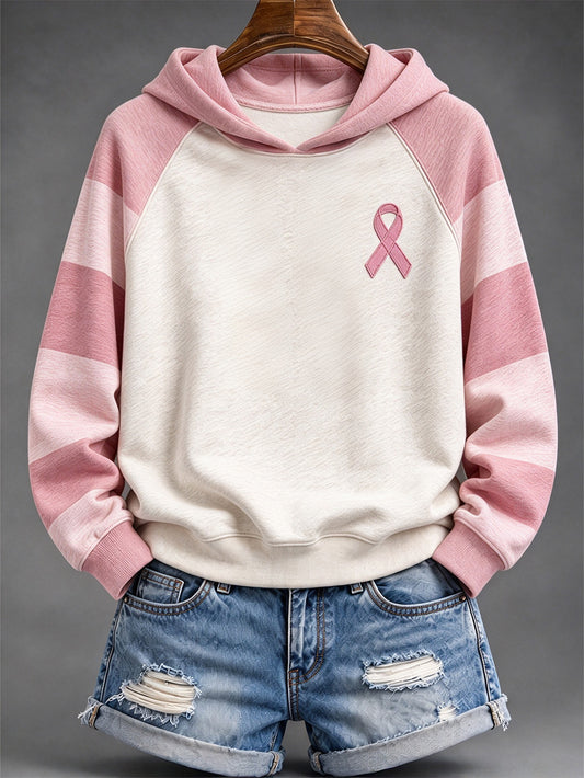 Women's Pink Striped and Pink Charity Ribbon Pattern Casual Hoodie