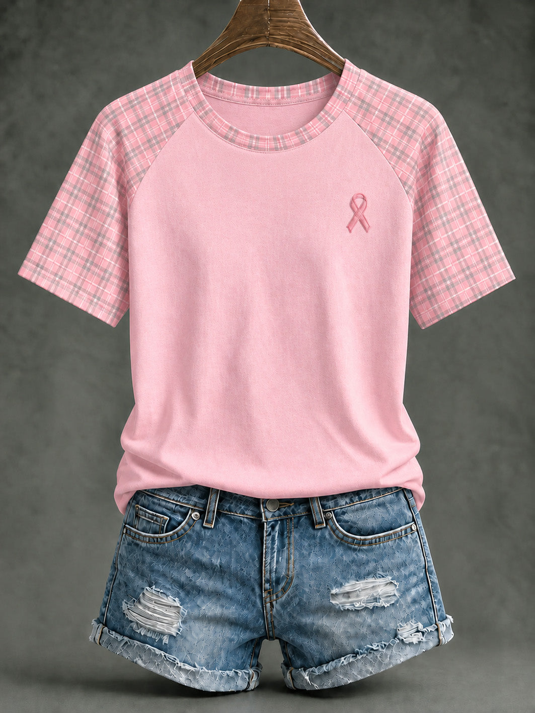 Women's Pink Charity Ribbon Pattern Checkered Design Casual Raglan Sleeve T-shirt