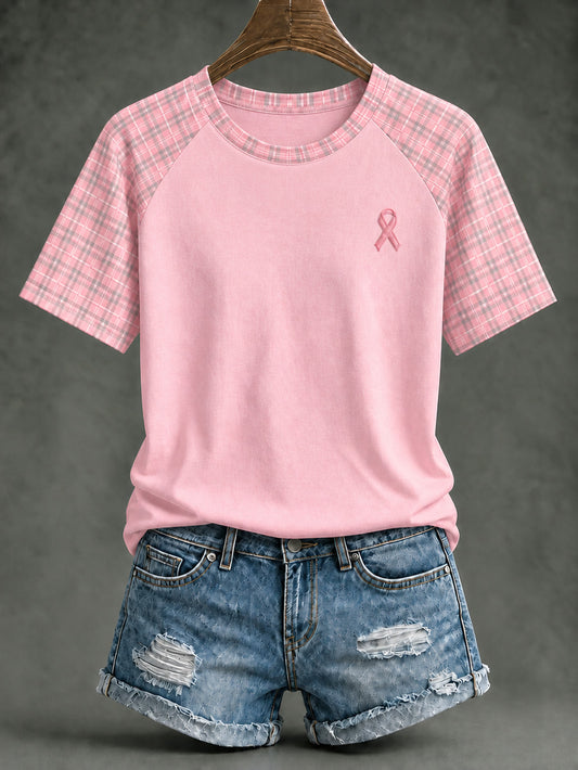 Women's Pink Charity Ribbon Pattern Checkered Design Casual Raglan Sleeve T-shirt
