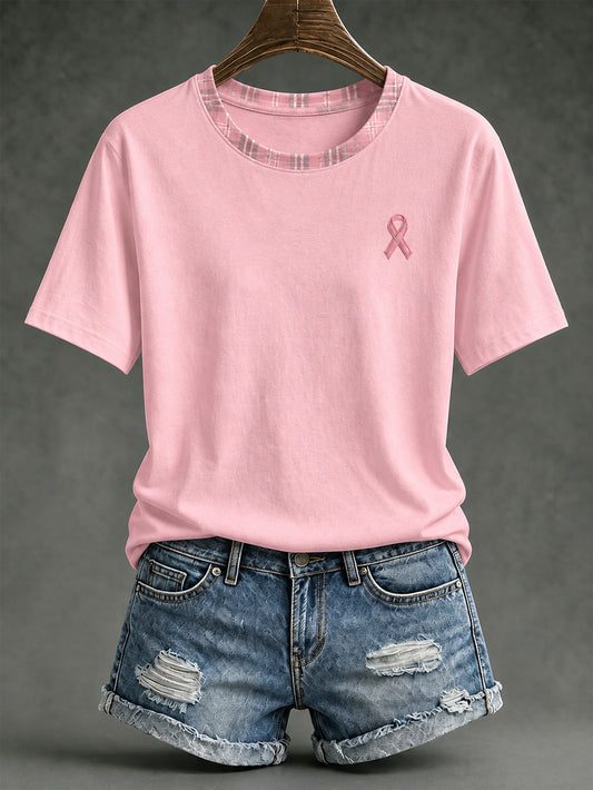 Women's Pink Charity Ribbon Pattern Checkered Design Casual Short-sleeved T-shirt