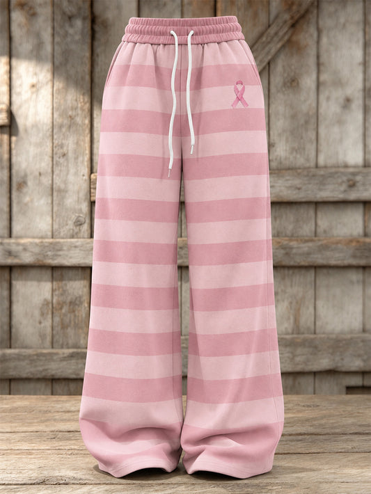 Women's Pink Striped and Pink Charity Ribbon Pattern Casual Sweatpants