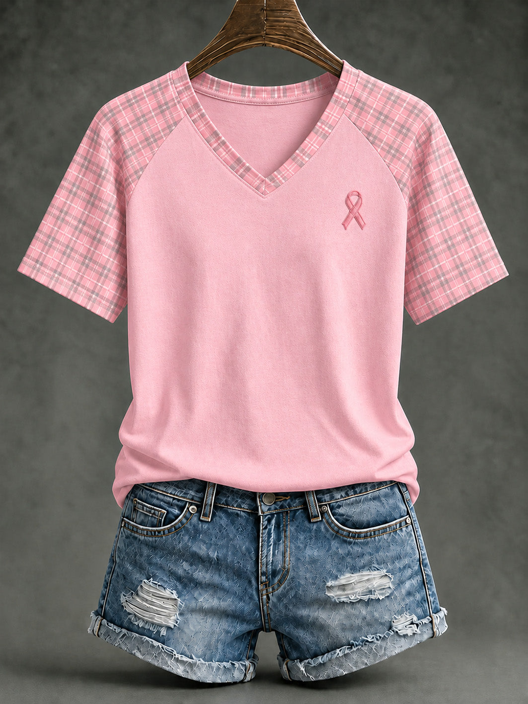 Women's Pink Charity Ribbon Pattern Checkered Design Casual Raglan Sleeve  T-shirt