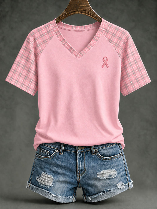 Women's Pink Charity Ribbon Pattern Checkered Design Casual Raglan Sleeve  T-shirt