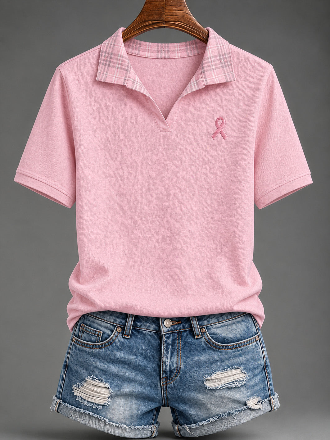 Women's Pink Charity Ribbon Pattern Checkered Design Casual T-shirt