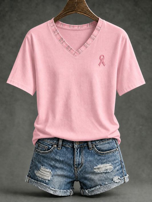 Women's Pink Charity Ribbon Pattern Checkered Design Casual Short-sleeved T-shirt