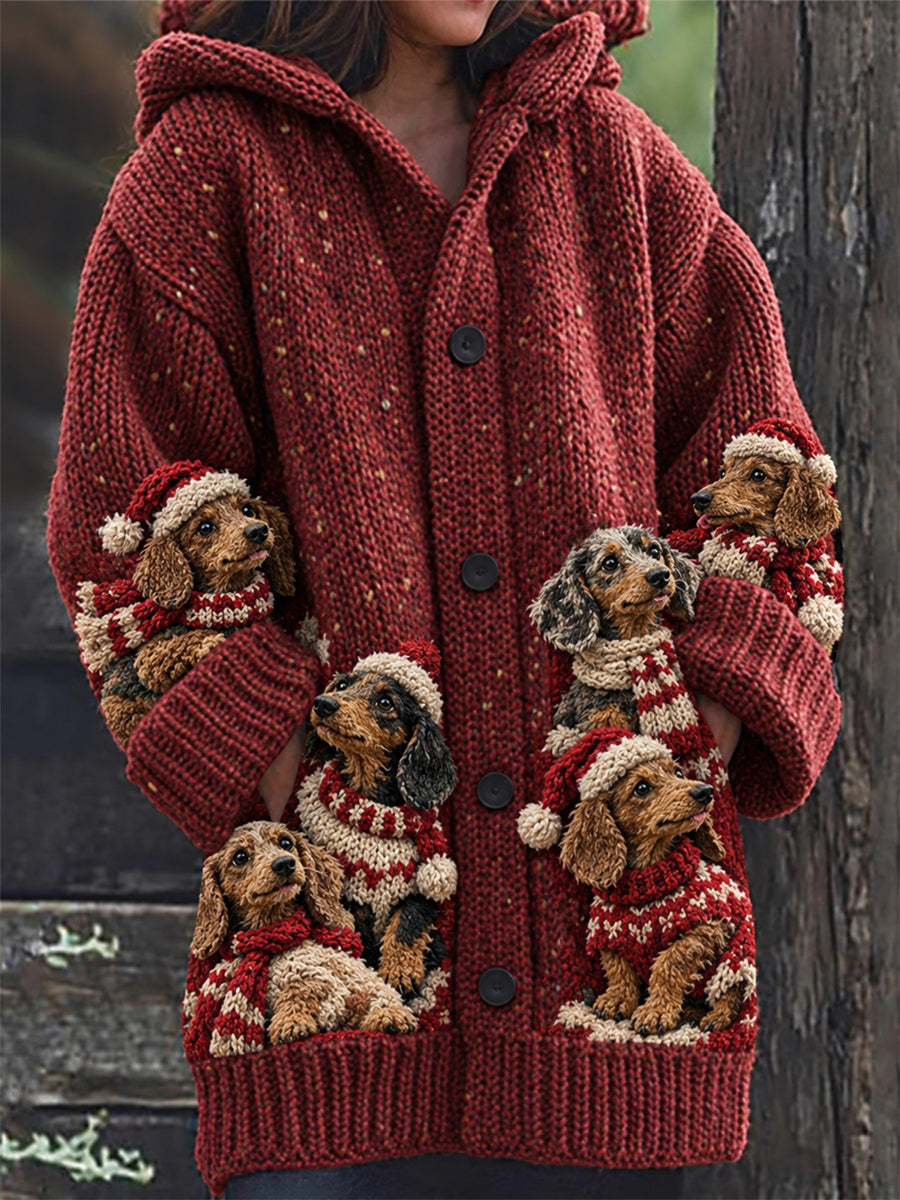 Women's Vintage Christmas Crowded Dachshund Dogs Print Composite Fleece Long Coat