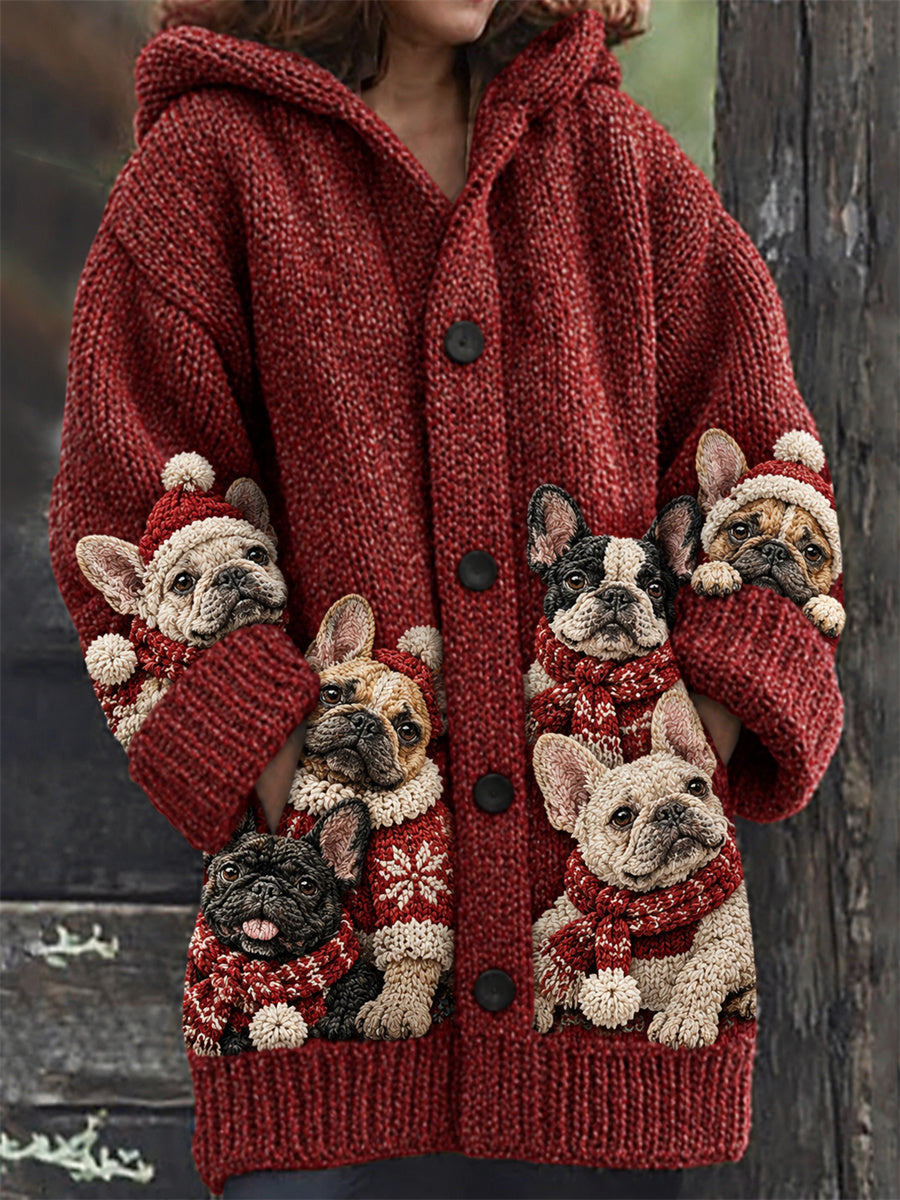 Women's Vintage Christmas Crowded French Bulldogs Print Composite Fleece Long Coat