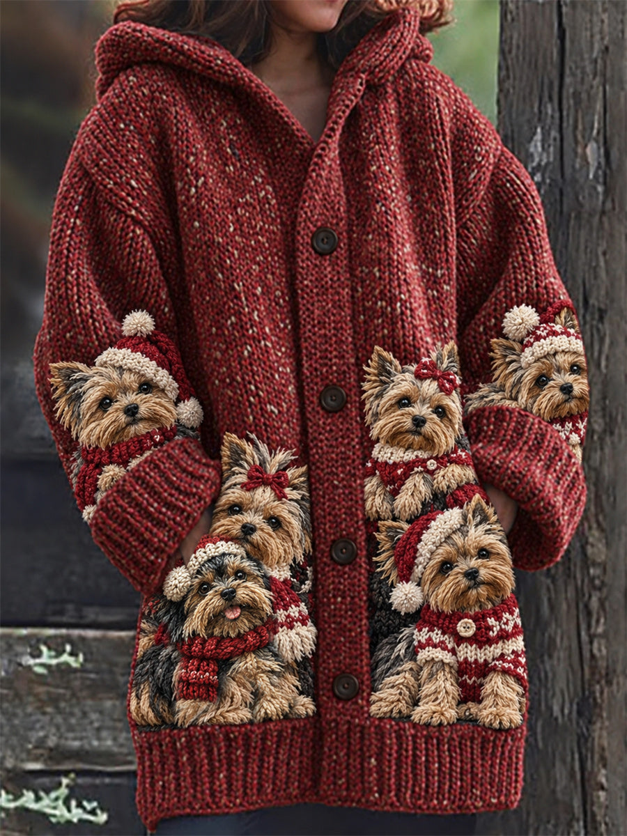 Women's Vintage Christmas Crowded Yorkie Dogs Print Composite Fleece Long Coat
