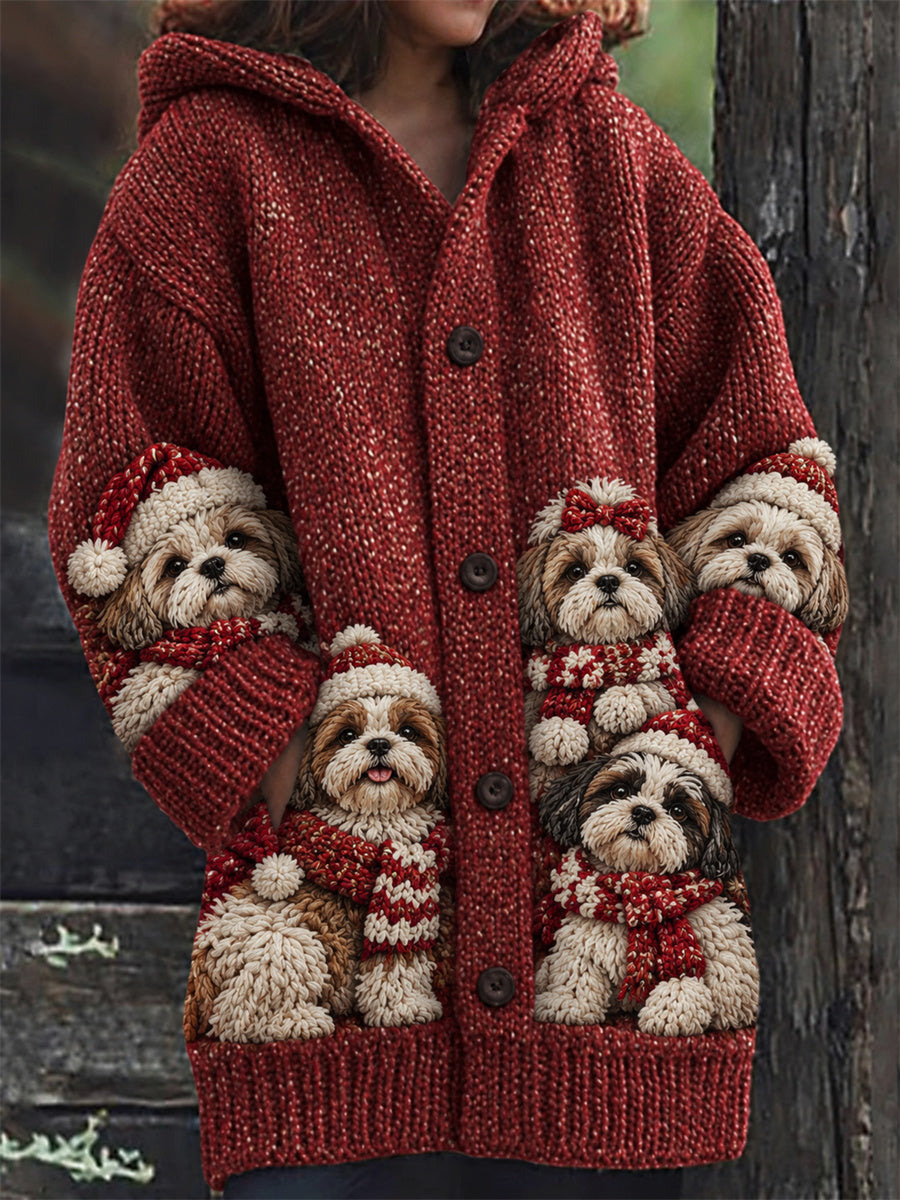 Women's Vintage Christmas Crowded Shih Tzu Dogs Print Composite Fleece Long Coat