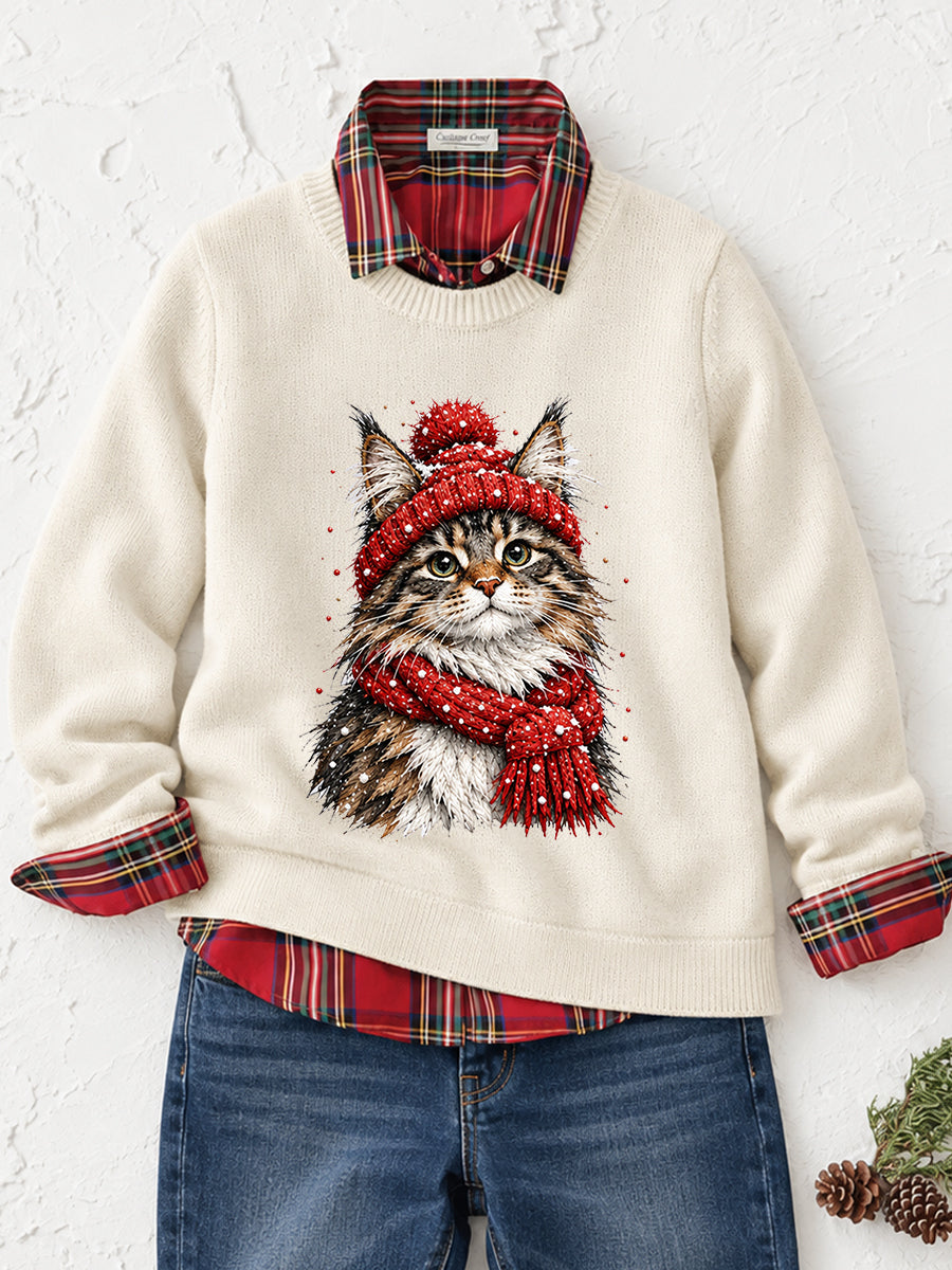 Women's Cute Maine Coon Print Cat Lover Christmas Casual Sweater