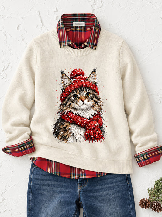 Women's Cute Maine Coon Print Cat Lover Christmas Casual Sweater