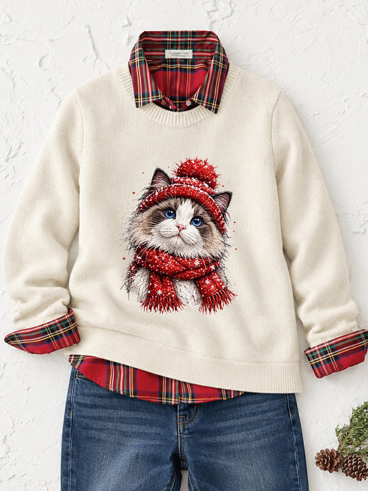 Women's Cute Ragdoll Cat Print Cat Lover Christmas Casual Sweater