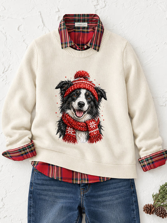 Women's Cute Border Collie Print Dog Lover Christmas Casual Sweater