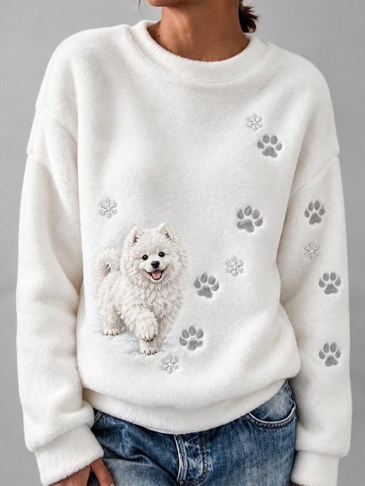 Women's Winter Samoyed Pattern Causal Flannel Sweatshirt