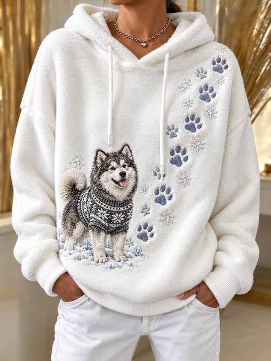 Women's Winter Alaskan Malamute Pattern Causal Flannel Hoodie