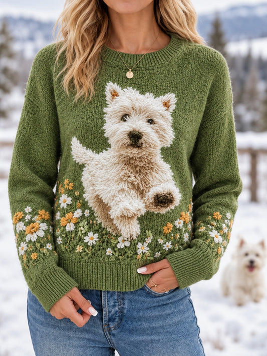 Women's Cute Dog Print Dog Lover Casual Sweater