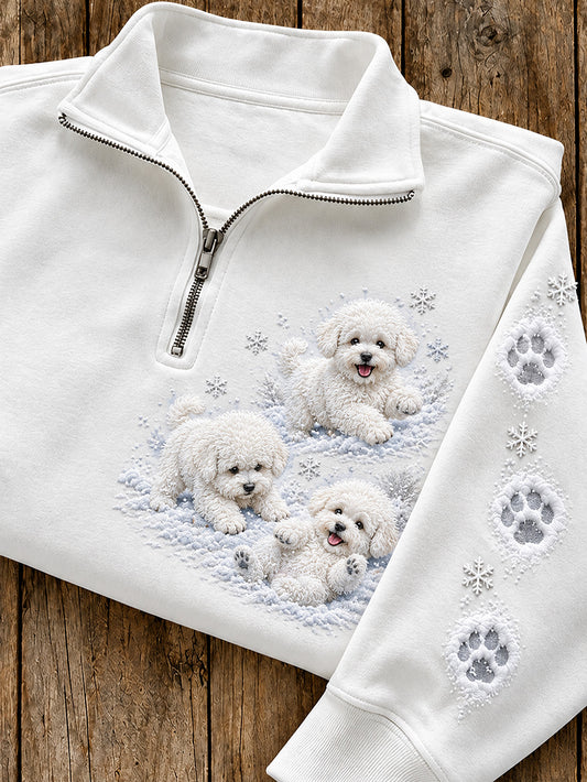 Women's Winter Bichon Frises Pattern Causal Half-Zip Sweatshirt