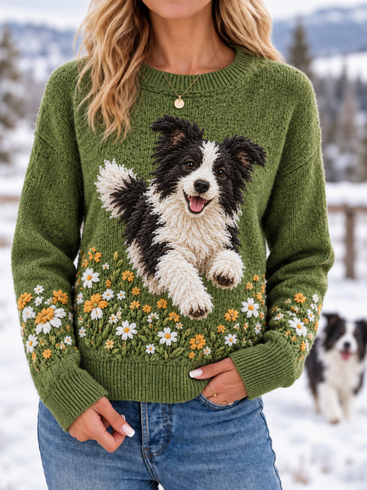 Women's Cute Border Collie Print Dog Lover Casual Sweater