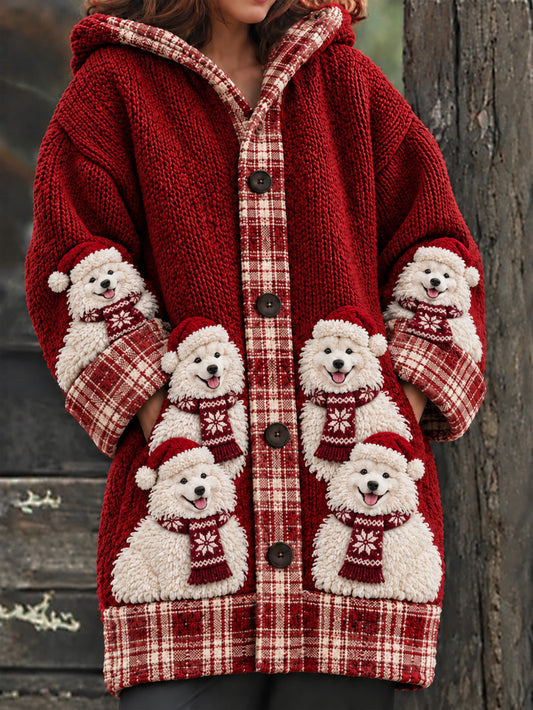 Women's  Retro Christmas Samoyeds Pattern Composite Fleece Long Coat
