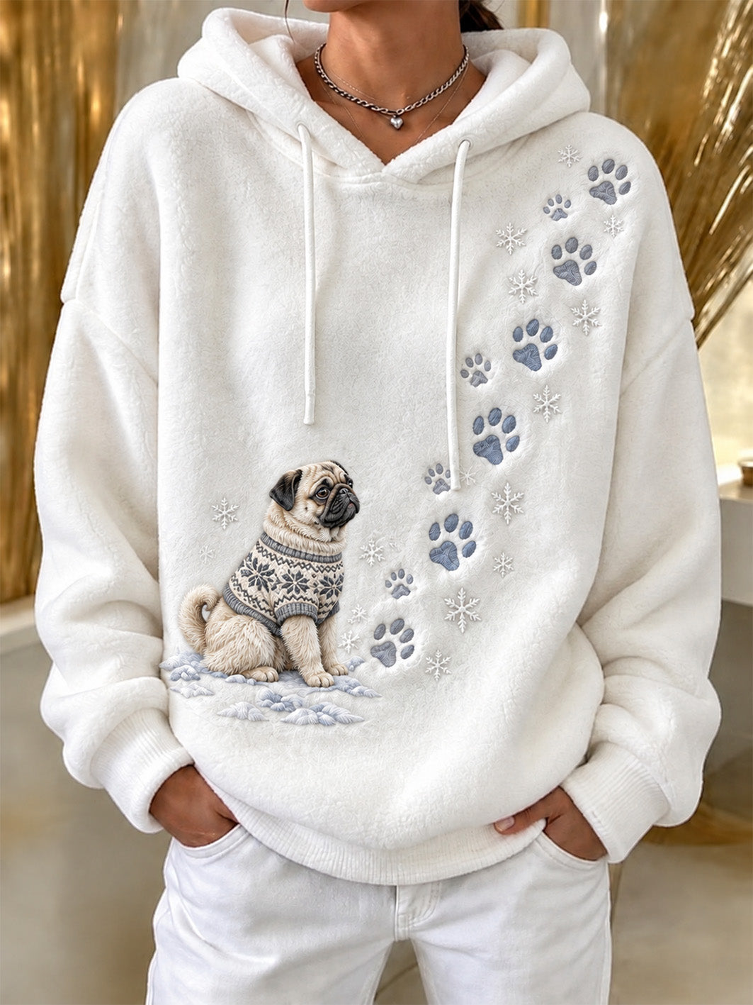 Women's Winter Pug Pattern Causal Flannel Hoodie