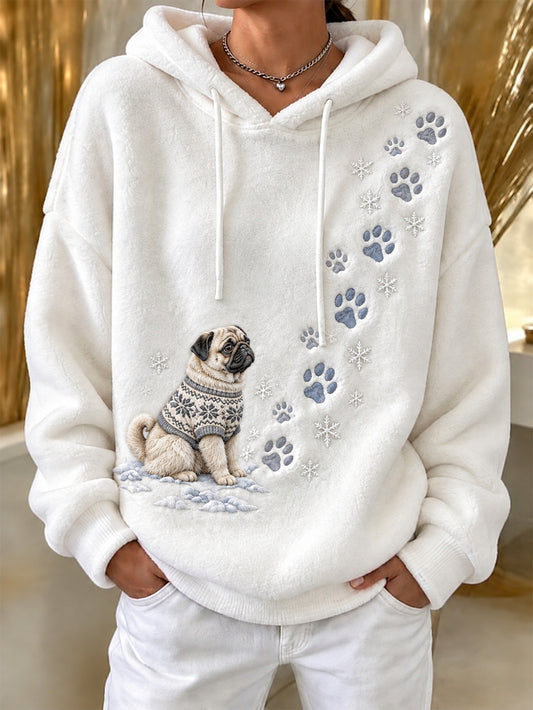 Women's Winter Pug Pattern Causal Flannel Hoodie
