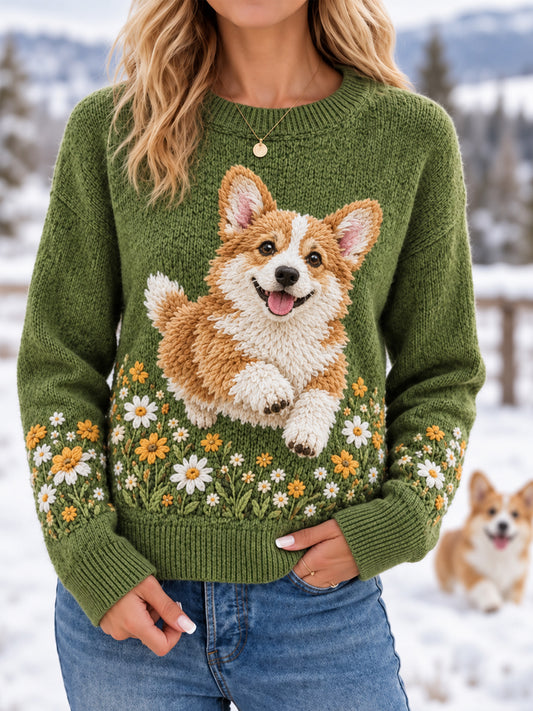 Women's Cute Corgi Print Dog Lover Casual Sweater