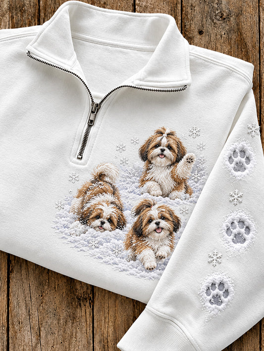 Women's Winter Shih Tzus Pattern Causal Half-Zip Sweatshirt