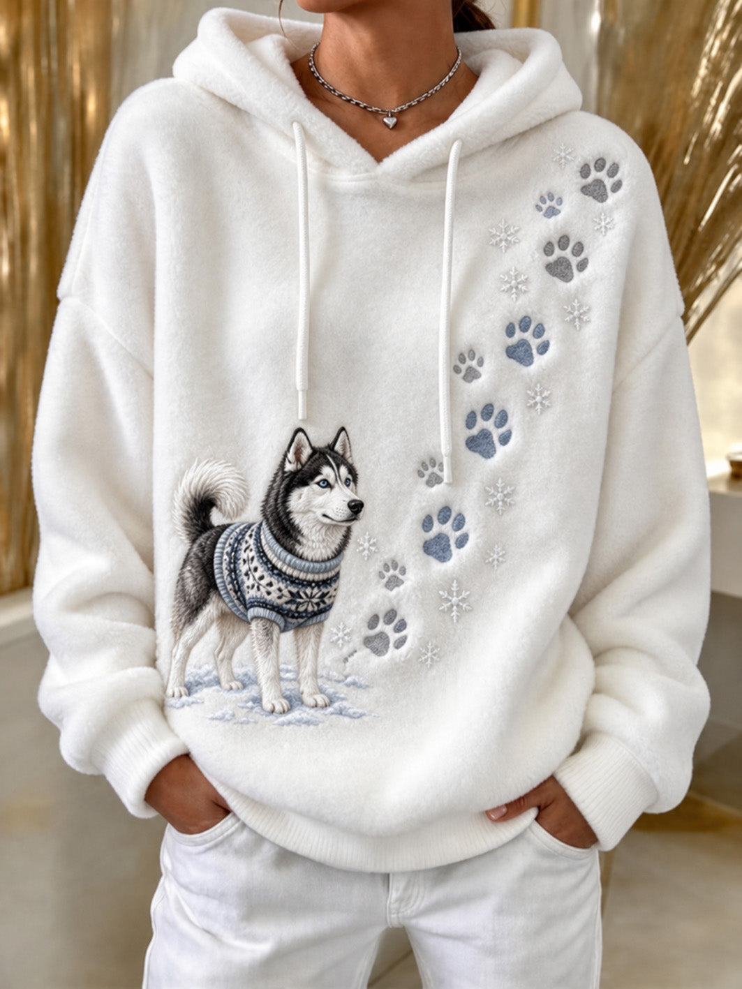 Women's Winter Siberian Husky Pattern Causal Flannel Hoodie