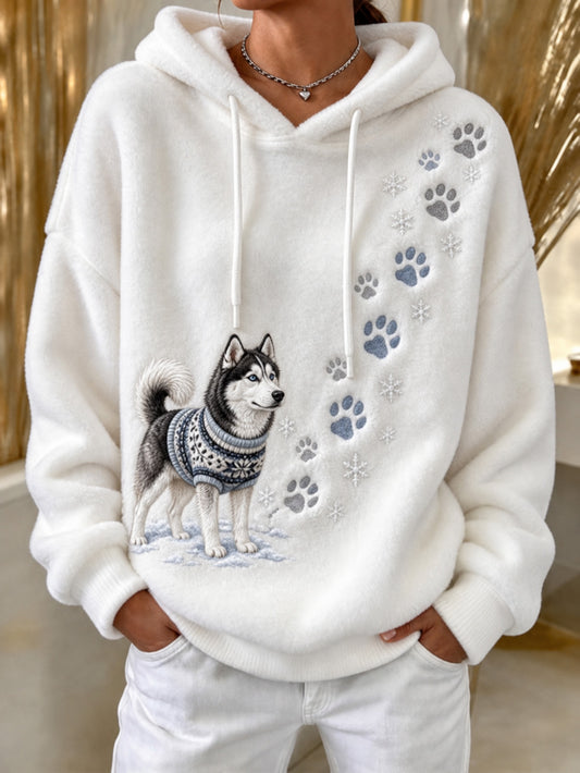 Women's Winter Siberian Husky Pattern Causal Flannel Hoodie
