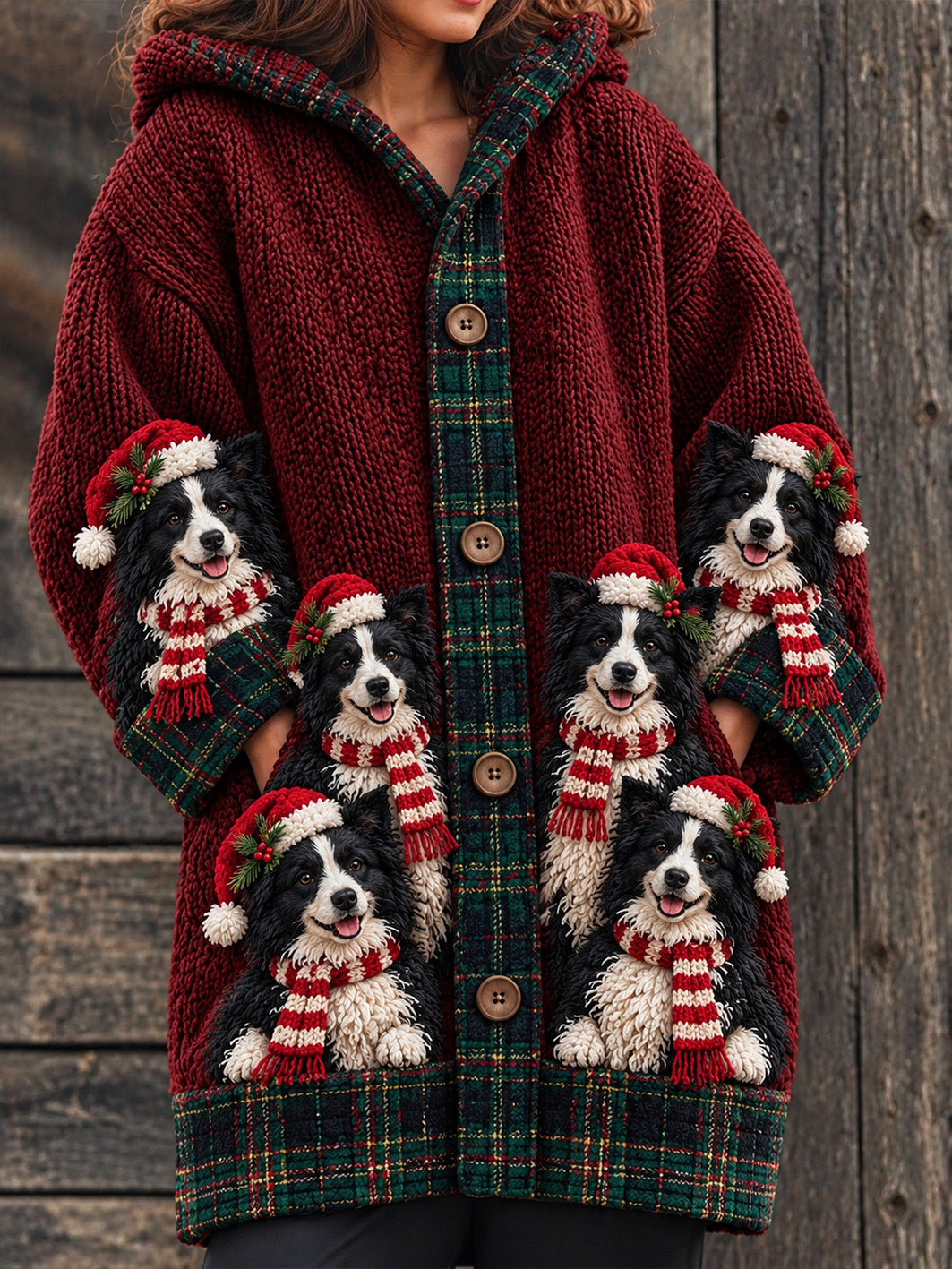 Women's Retro Christmas Border Collies Pattern Composite Fleece Long Coat
