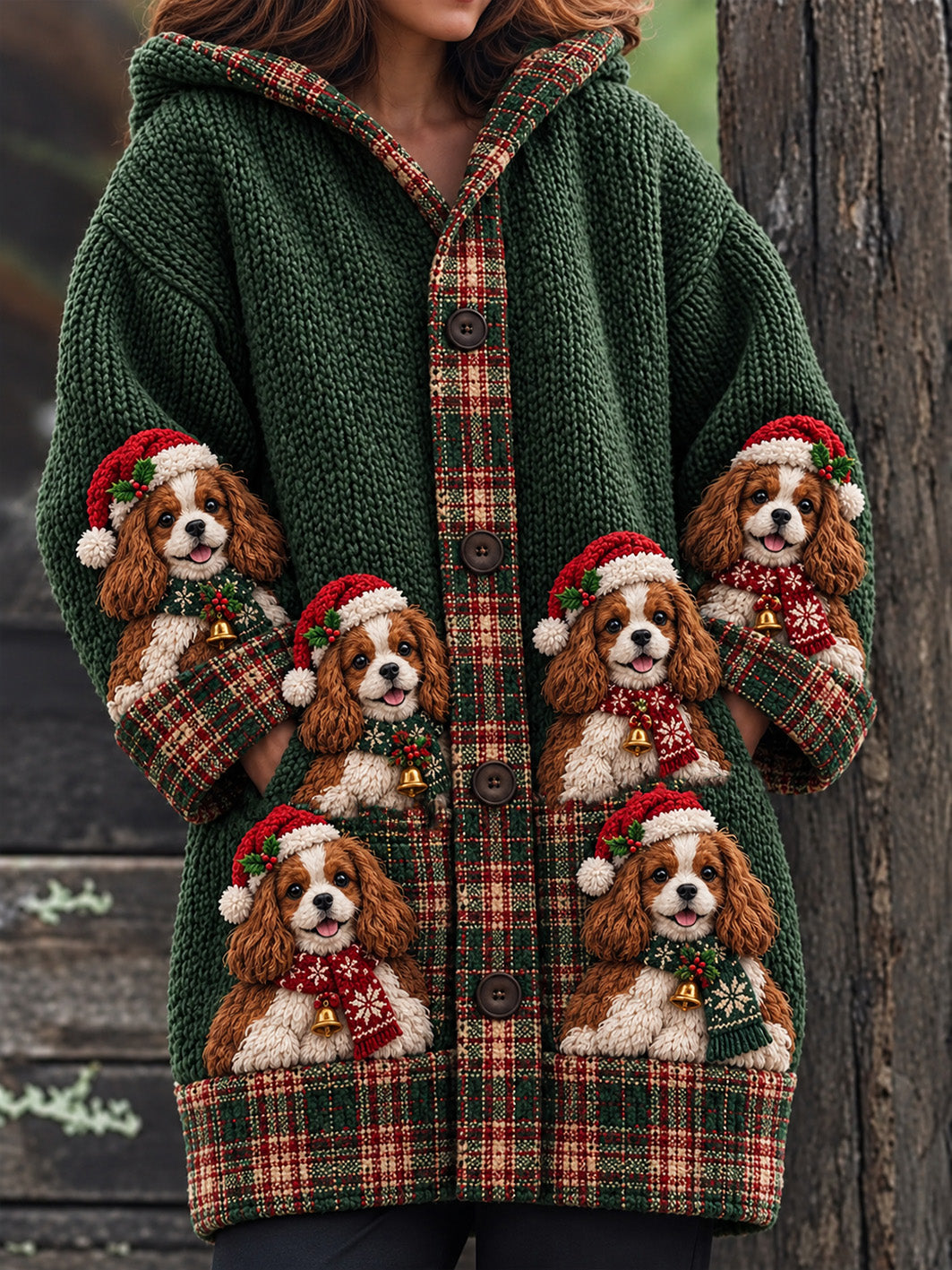 Women's  Retro Christmas Cavalier King Charles Spaniels Pattern Composite Fleece Long Coat