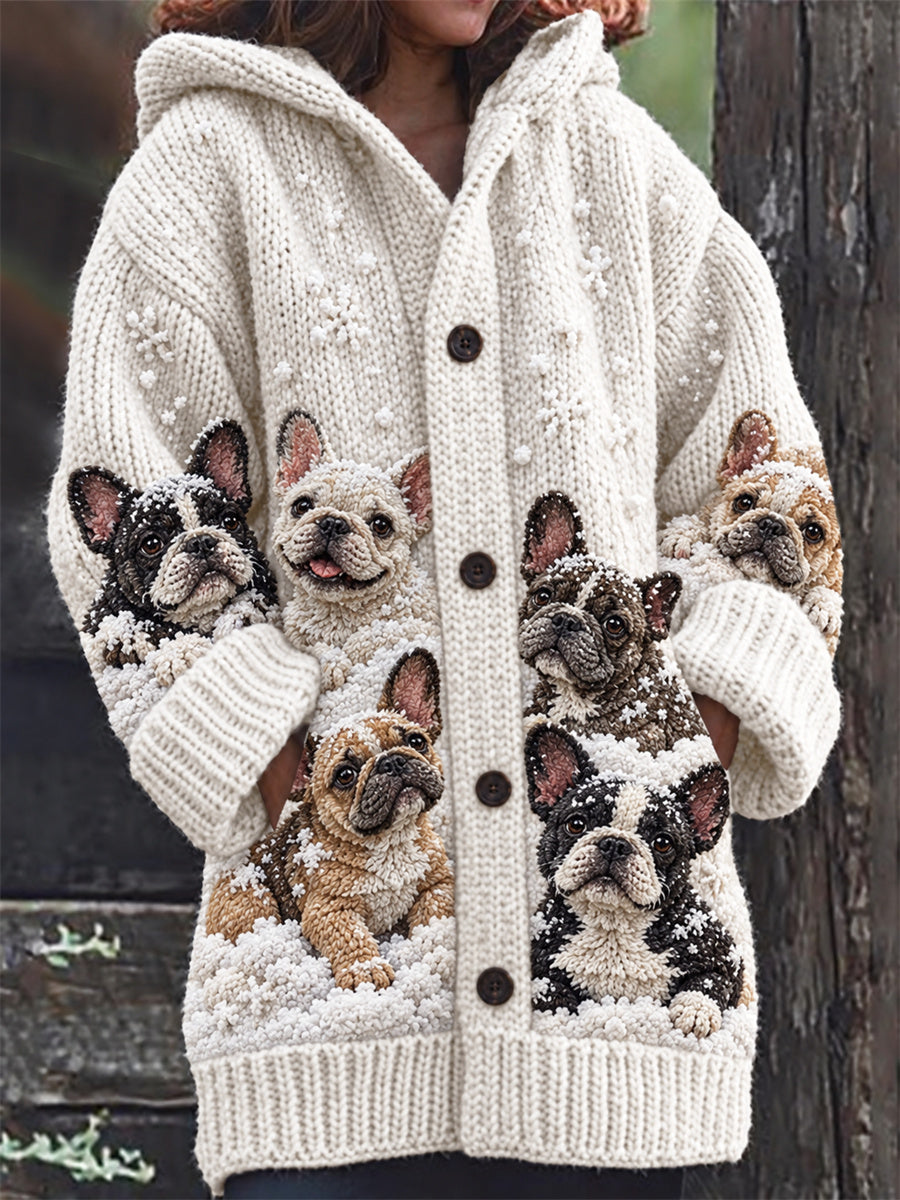 Women's Snowy Winter Crowded French Bulldogs Print Composite Fleece Long Coat