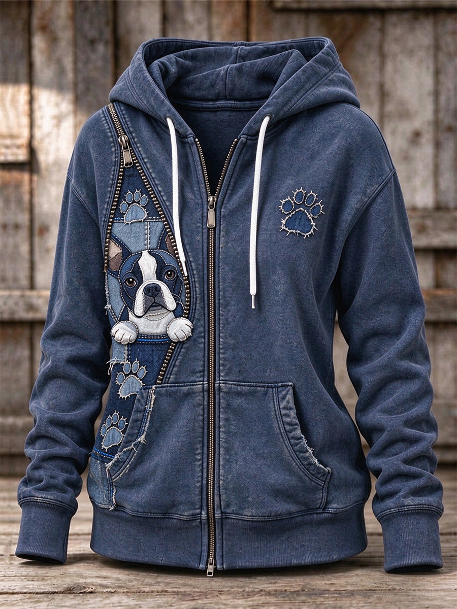 Women's Peeking Boston Terrier Dog & Paw Prints Zipper Patchwork Print Full Zip Hoodie