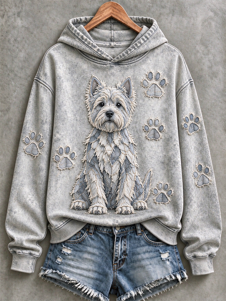 Women's Westie & Paw Prints Patchwork Print Casual Hoodie