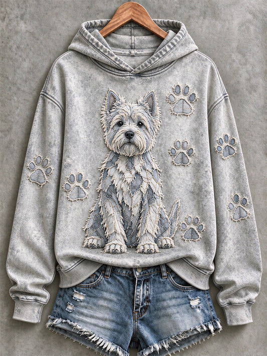 Women's Westie & Paw Prints Patchwork Print Casual Hoodie