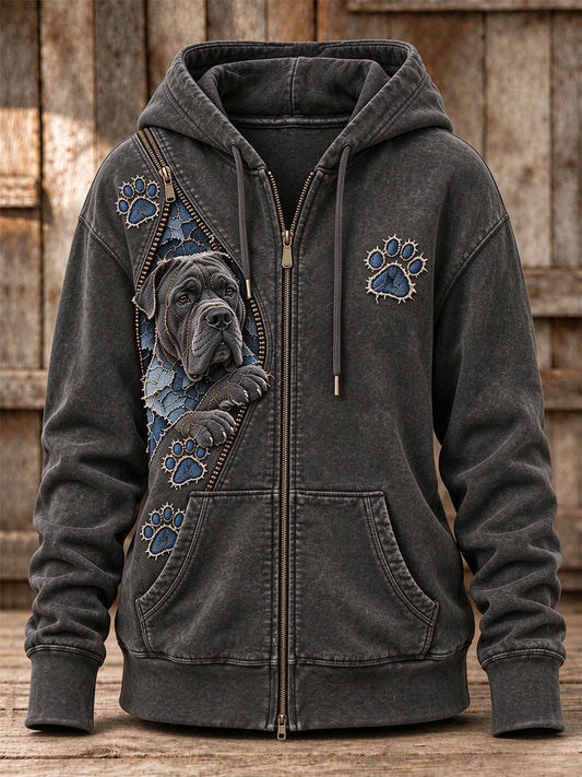 Women's Peeking Cane Corso Dog & Paw Prints Zipper Patchwork Print Full Zip Hoodie