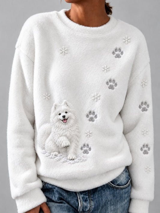 Women's Snowy Winter Samoyed Dog in the Snow Paw Prints Print Flannel Sweatshirt