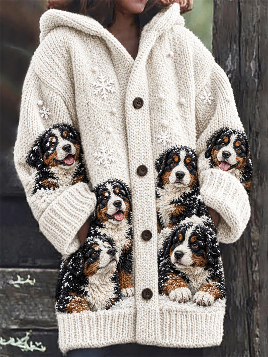 Women's Snowy Winter Crowded Bernese Mountain Dogs Print Composite Fleece Long Coat