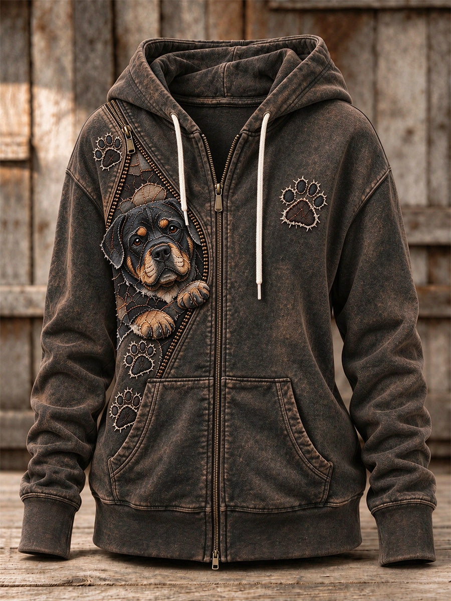 Women's Peeking Rottweiler Dog & Paw Prints Zipper Patchwork Print Full Zip Hoodie
