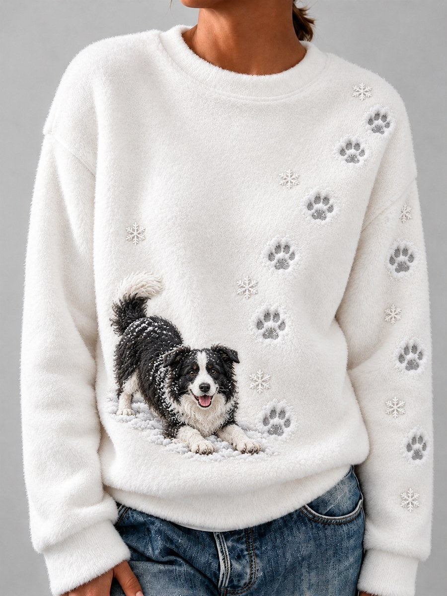 Women's Snowy Winter Border Collie Dog in the Snow Paw Prints Print Flannel Sweatshirt