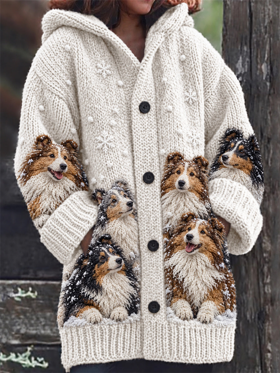 Women's Snowy Winter Crowded Sheltie Dogs Print Composite Fleece Long Coat