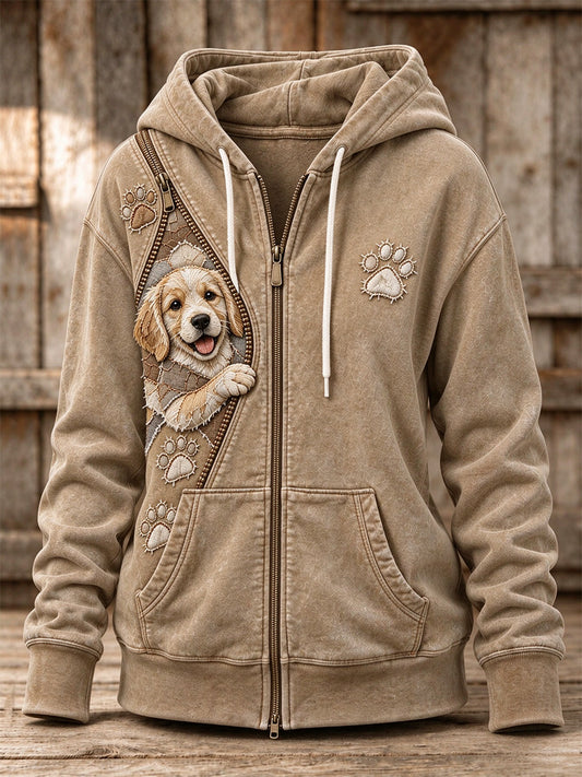 Women's Peeking Golden Retriever Dog & Paw Prints Zipper Patchwork Print Full Zip Hoodie