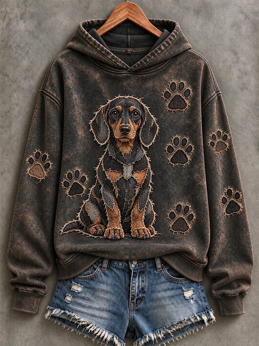 Women's Dachshund & Paw Prints Patchwork Print Casual Hoodie