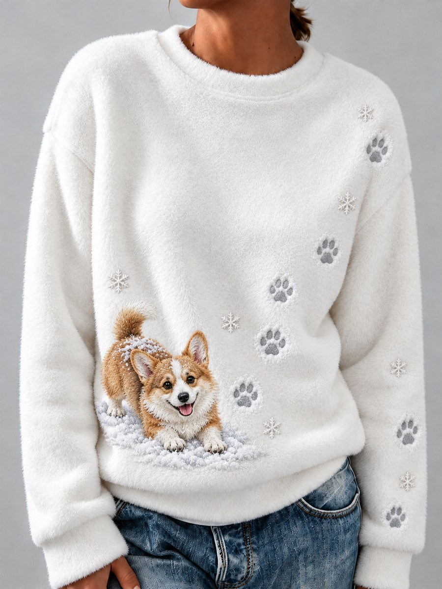 Women's Snowy Winter Corgi Dog in the Snow Paw Prints Print Flannel Sweatshirt