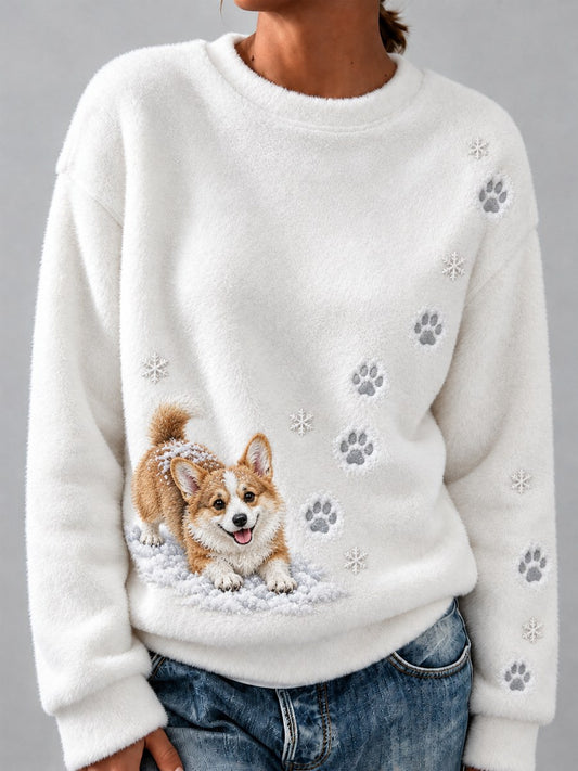 Women's Snowy Winter Corgi Dog in the Snow Paw Prints Print Flannel Sweatshirt