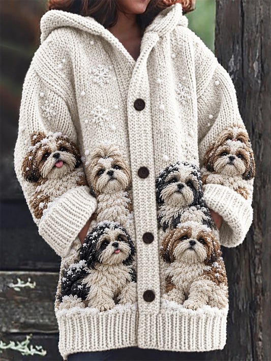 Women's Snowy Winter Crowded Shih Tzu Dogs Print Composite Fleece Long Coat