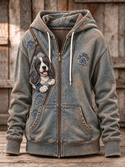 Women's Peeking Springer Spaniel Dog & Paw Prints Zipper Patchwork Print Full Zip Hoodie