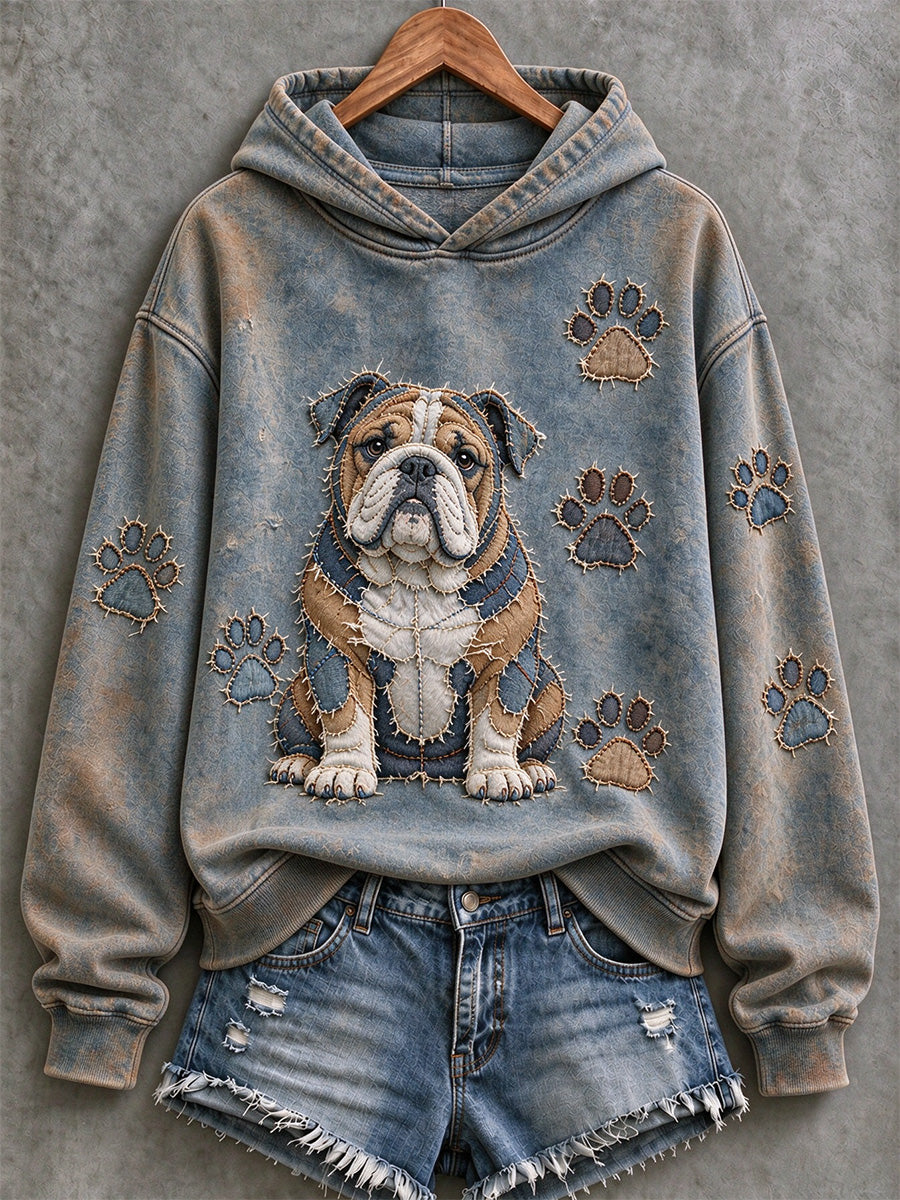 Women's English Bulldog & Paw Prints Patchwork Print Casual Hoodie